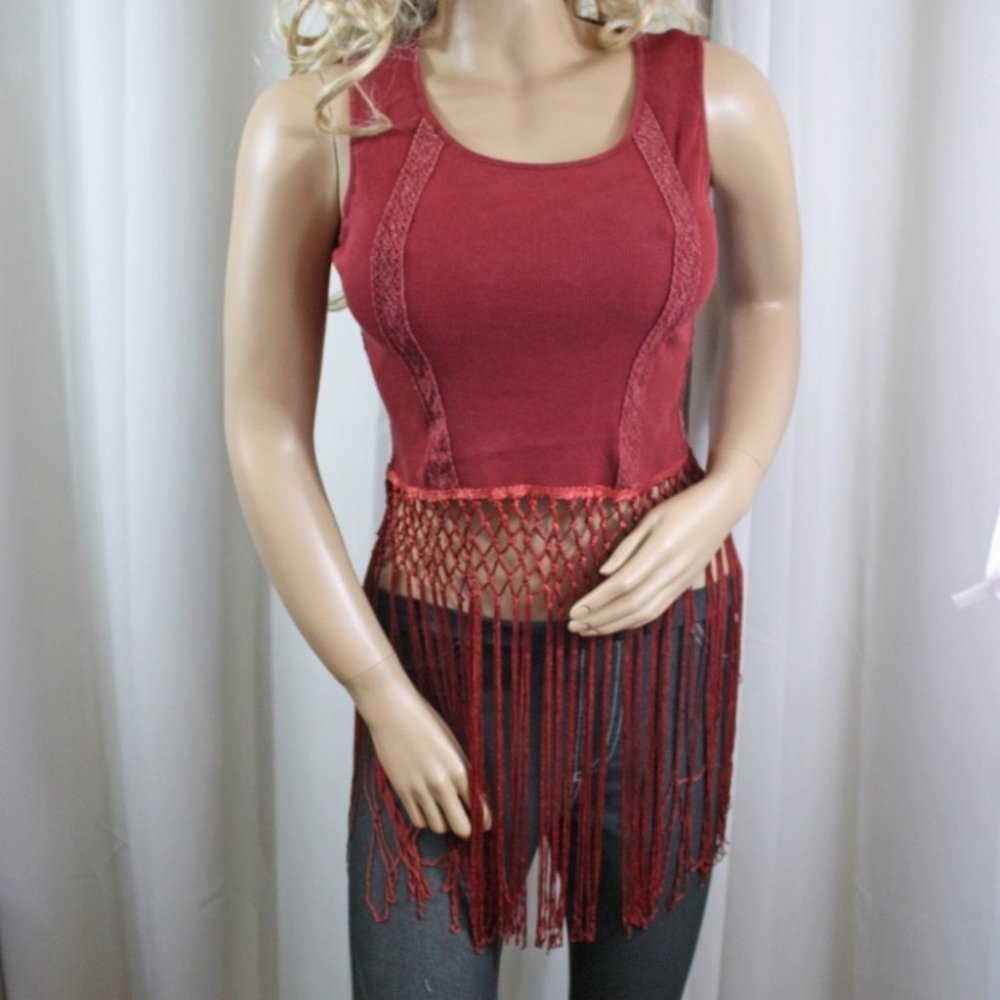 SALE Burgundy ribbed faux vintage fringed crop top